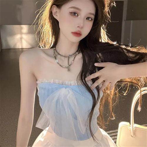 针织挂脖抹胸吊带小背心女新款裹胸短款网纱拼接外穿冰丝上衣内搭