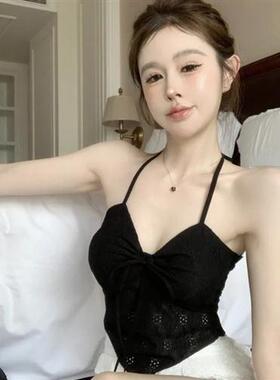 黑色辣妹穿搭美背外穿性感挂脖小吊带背心女内搭夏季短款抹胸上衣