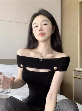 夏季纯欲风性感辣妹百搭镂空露肩针织衫上衣女薄款短袖一字肩恤