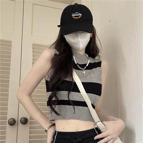 外穿美式背心夏季新款韩版条纹吊带显瘦短款无袖上衣潮辣妹设计感