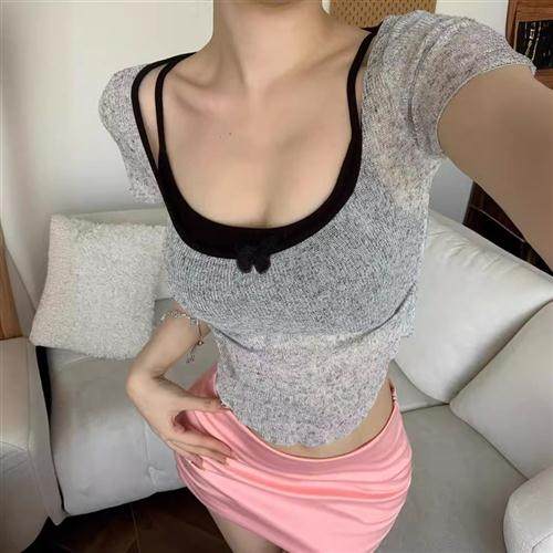 纯欲薄款背心短袖T恤女夏季两件套不规则气质修身显瘦针织衫上衣