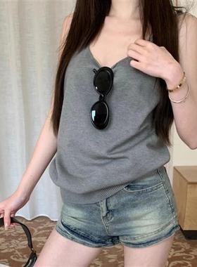 性感灰色无袖针织衫吊带背心女夏美式气质辣妹小众设计感修身上衣