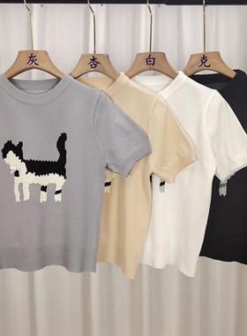 韩系黑色短款冰丝针织衫上衣女夏设计感小众别致甜辣简约短袖t恤