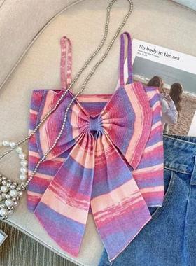 彩虹条纹蝴蝶结针织吊带背心女夏外穿设计感甜辣短款无袖上衣ins