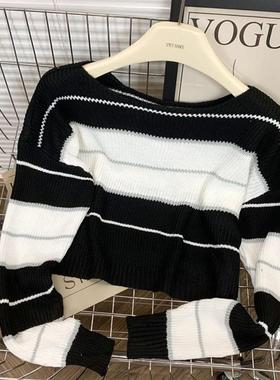 温柔风慵懒长袖毛衣针织衫2024秋季新款韩系撞色条纹短款女装上衣