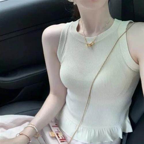 法式木耳边白色冰丝针织吊带背心女夏款外穿修身短款辣妹无袖上衣