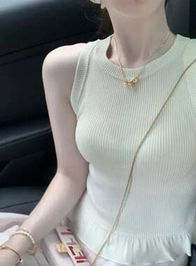 法式木耳边白色冰丝针织吊带背心女夏款外穿修身短款辣妹无袖上衣