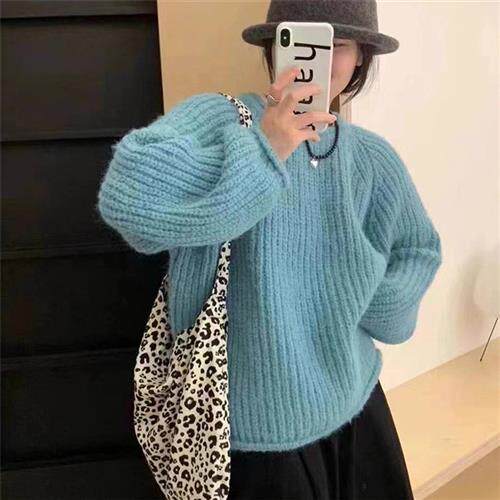糖果色套头毛衣女秋冬日系复古宽松纯色卷边粗线慵懒风针织衫上衣