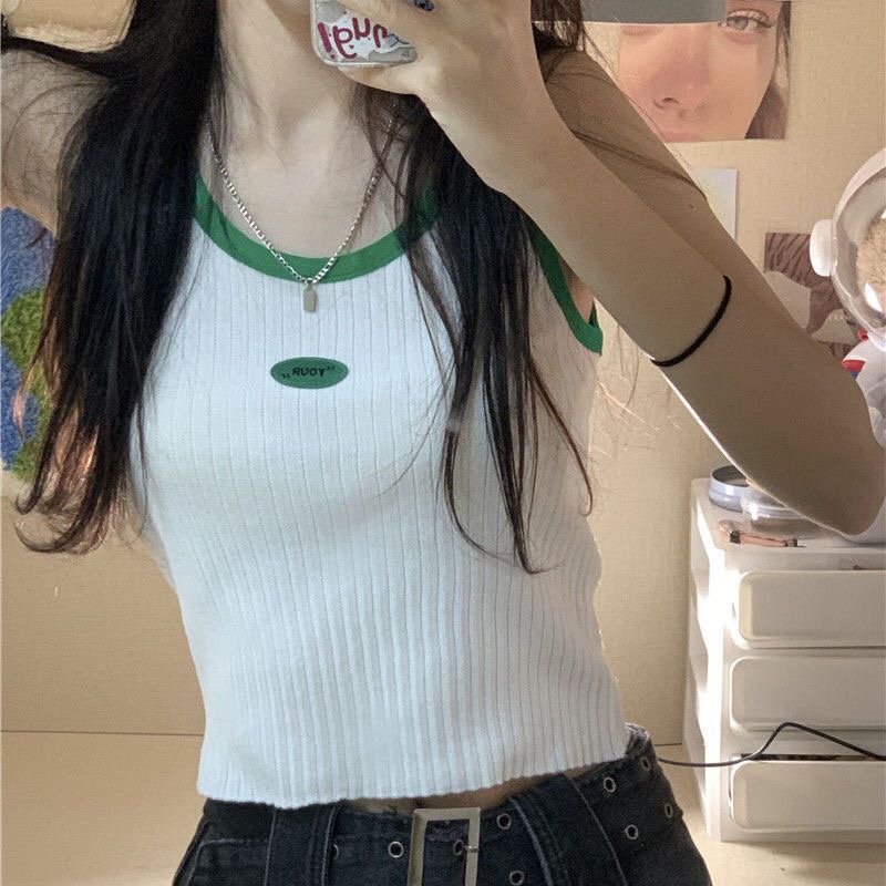 辣妹风夏日露脐短款针织背心2023新款时尚修身洋气撞色吊带上衣女