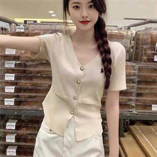 韩系白色正肩领冰丝刺绣上衣女夏季短款包芯纱针织开衫短袖恤