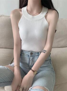 黑色显瘦吊带无袖挖肩小背心女打底外穿辣妹挂脖短款百搭上衣夏季