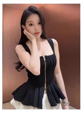 双拉链白色方领针织吊带背心女夏季修身收腰无袖外穿辣妹短款上衣