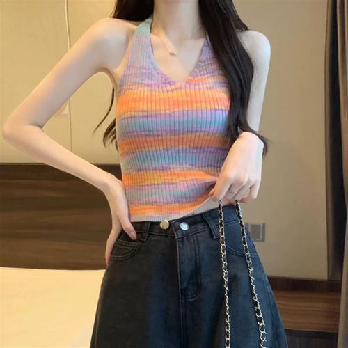 时尚背心辣妹夏季新款彩色吊带条纹针织露背绑带修身短款性感上衣
