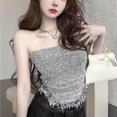 性感无肩带流苏设计感辣妹抹胸背心女夏季新款气质腰露脐无袖上衣