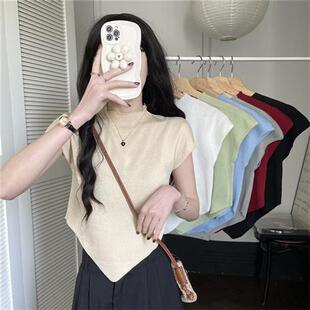 半高领短袖针织恤女夏装不规则内搭打底衫辣妹修身短款冰丝上衣