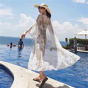 刺绣网纱透视长款海边度假沙滩比基尼罩衫九分袖开衫防晒衣衫网布