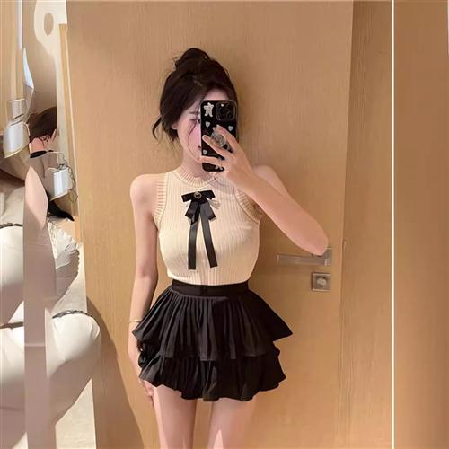 小香风辣妹无袖针织背心女针织衫夏季新款蝴蝶结设计修身短款上衣