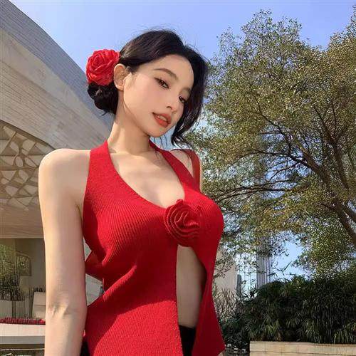 立体玫瑰花针织衫挂脖吊带背心女夏季甜辣妹性感红色美背外穿上衣