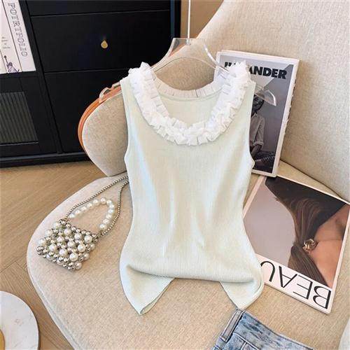花边U领针织衫吊带背心女夏季新款小众别致无袖修身显瘦短款上衣