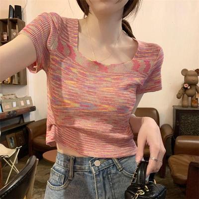 彩虹条纹软糯方领短袖T恤女夏季法式洋气辣妹减龄短款针织衫上衣