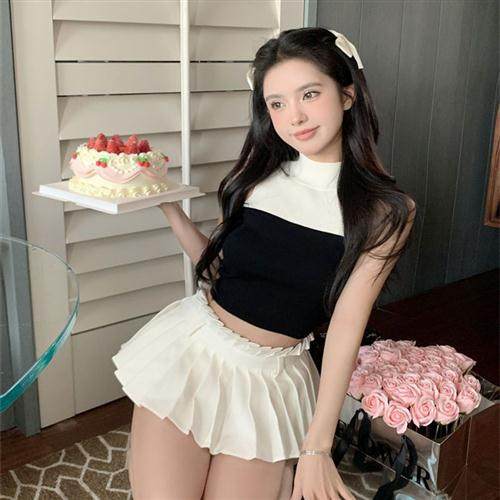 法式甜酷辣妹背心夏季新款设计感小众撞色修身无袖短款针织衫上衣