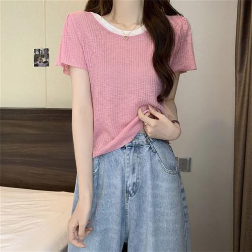 美式复古撞色短袖针织衫女2024夏新款设计感冰丝内搭打底短款上衣