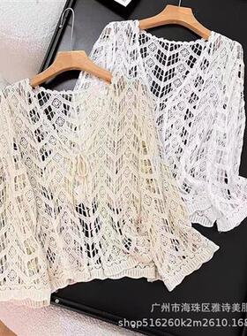 度假风休闲镂空勾花领针织罩衫女夏季新款系带独特别致宽松上衣