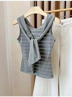 纯棉面料韩系多穿设计扭结一字肩条纹恤女夏无袖背心上衣短袖潮
