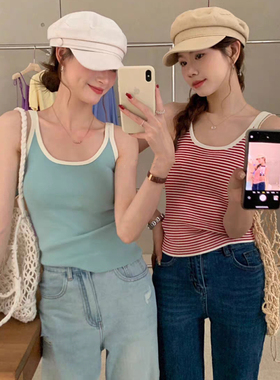 撞色条纹修身百搭外穿针织背心女夏内搭韩版短款打底红色吊带