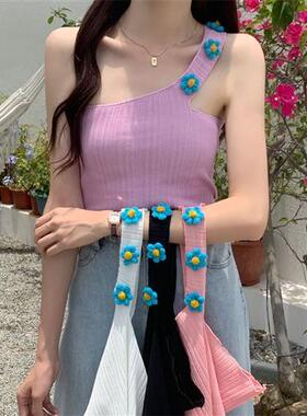 蓝色立体花朵吊带女夏季新款甜辣风背心性感露肩收腰短款无袖上衣