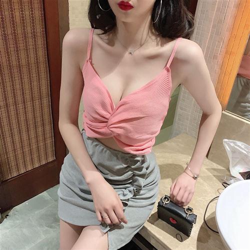 夏季背心外穿新款修身性感低胸打底无袖交叉短款针织设计吊带上衣
