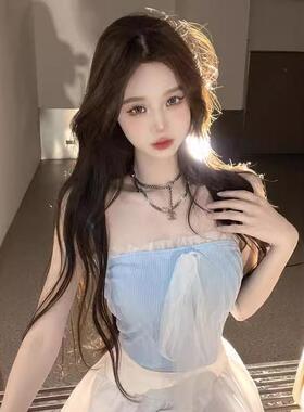 法式温柔蓝色网纱蕾丝拼接设计抹胸吊带蝴蝶结系带修身纯欲风上衣