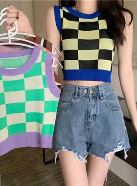 网红超火风棋盘格无袖小背心女夏季新款复古风打底外穿恤衫