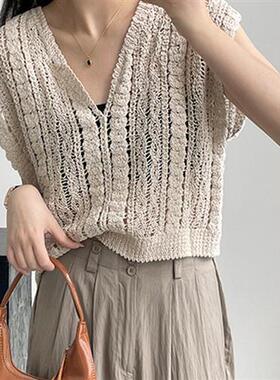 新款慵懒风镂空钩花领针织马甲背心女小众叠穿上衣短袖