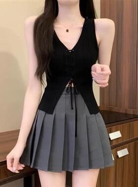 白色领针织背心女夏季薄款绑带设计感修身辣妹无袖吊带上衣外穿
