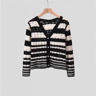 春季韩版黑白条纹镂空针织开衫女领单排扣长袖薄款外搭