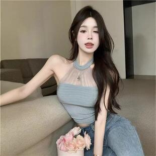 多巴胺网纱拼接吊带背心女夏辣妹直播外穿短款性感主播挂脖式上衣