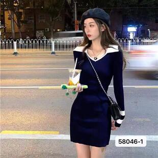 春秋新款韩版辣妹领针织连衣裙女性感港味长袖包臀裙打底裙
