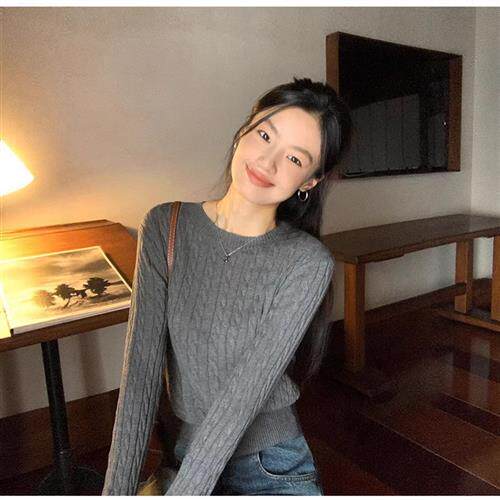 麻花套头圆领灰色毛衣内搭纯棉针织衫女春秋修身打底短款上衣