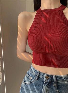 性感背心女百搭新款挂脖外穿上衣黑色吊带无袖露脐针织内搭打底衫