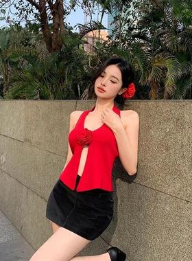 新款红色立体玫瑰花吊带纯欲辣妹性感背心不规则开衩花朵针织上衣