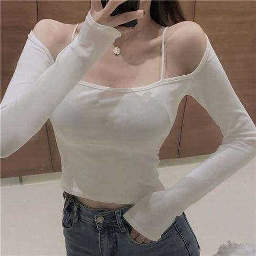 纯欲风一字领露肩长袖针织衫女春秋季新款性感吊带T恤百搭上衣ins