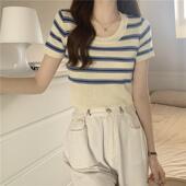 T恤针织衫 女2024年夏季 新款 高腰条纹短款 chic显瘦百搭短袖 上衣潮