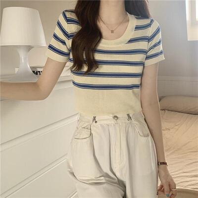 高腰条纹短款T恤针织衫女2024年夏季新款chic显瘦百搭短袖上衣潮
