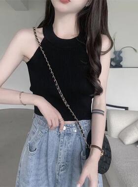 黑色显瘦吊带无袖挖肩小背心女打底外穿辣妹挂脖短款百搭上衣夏季