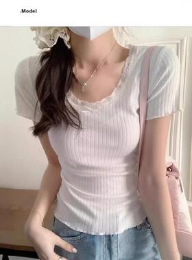 白色蕾丝边正肩圆领短袖t恤女夏季修身显瘦纯欲辣妹内搭短款上衣