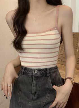 夏季2024无袖新款黑色条纹吊带女士打底针织背心法式甜辣上衣