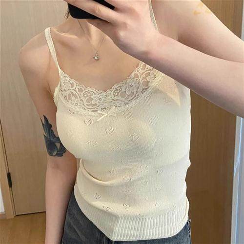 蕾丝花边小吊带背心女2024夏季新款内搭纯欲风无袖甜美蝴蝶结上衣