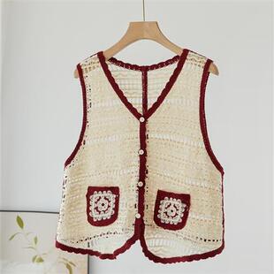 复古撞色钩针镂空马甲女森系文艺领单排扣花边口袋针织背心