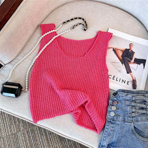 夏季外穿辣妹针织设计感短款无袖红色新款小众吊带针织衫背心上衣